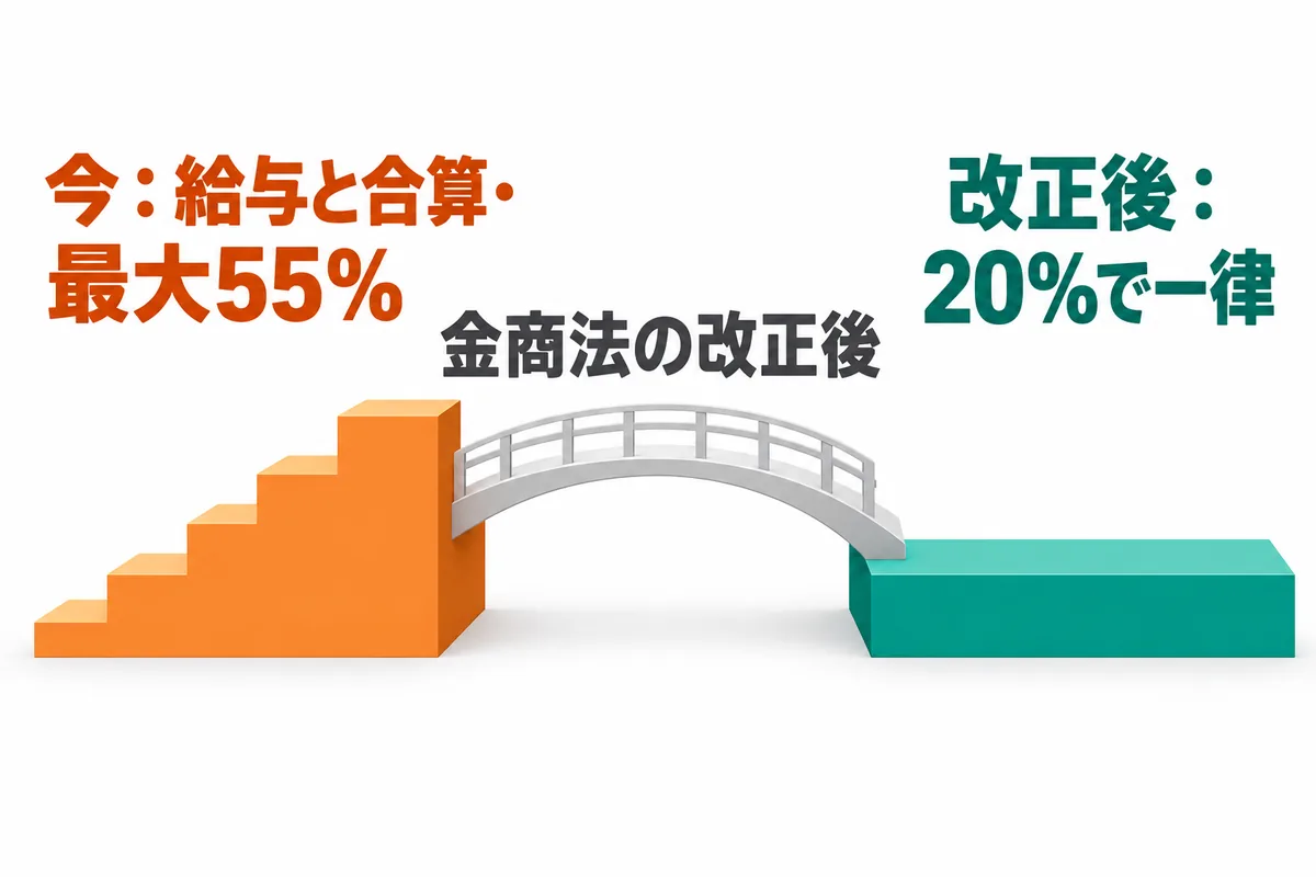 左側に『今:給与と合算・最大55%』と書かれた高い階段、右側に『改正後:20%で一律』と書かれた平らな台があり、間に金融商品取引法の改正を表す橋が架かっている図