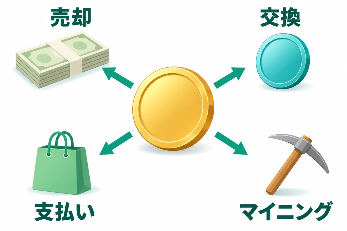 コインから4本の矢印が出て、それぞれ円の札束(売却)、別のコイン(交換)、買い物袋(支払い)、つるはし(マイニング)につながっている図