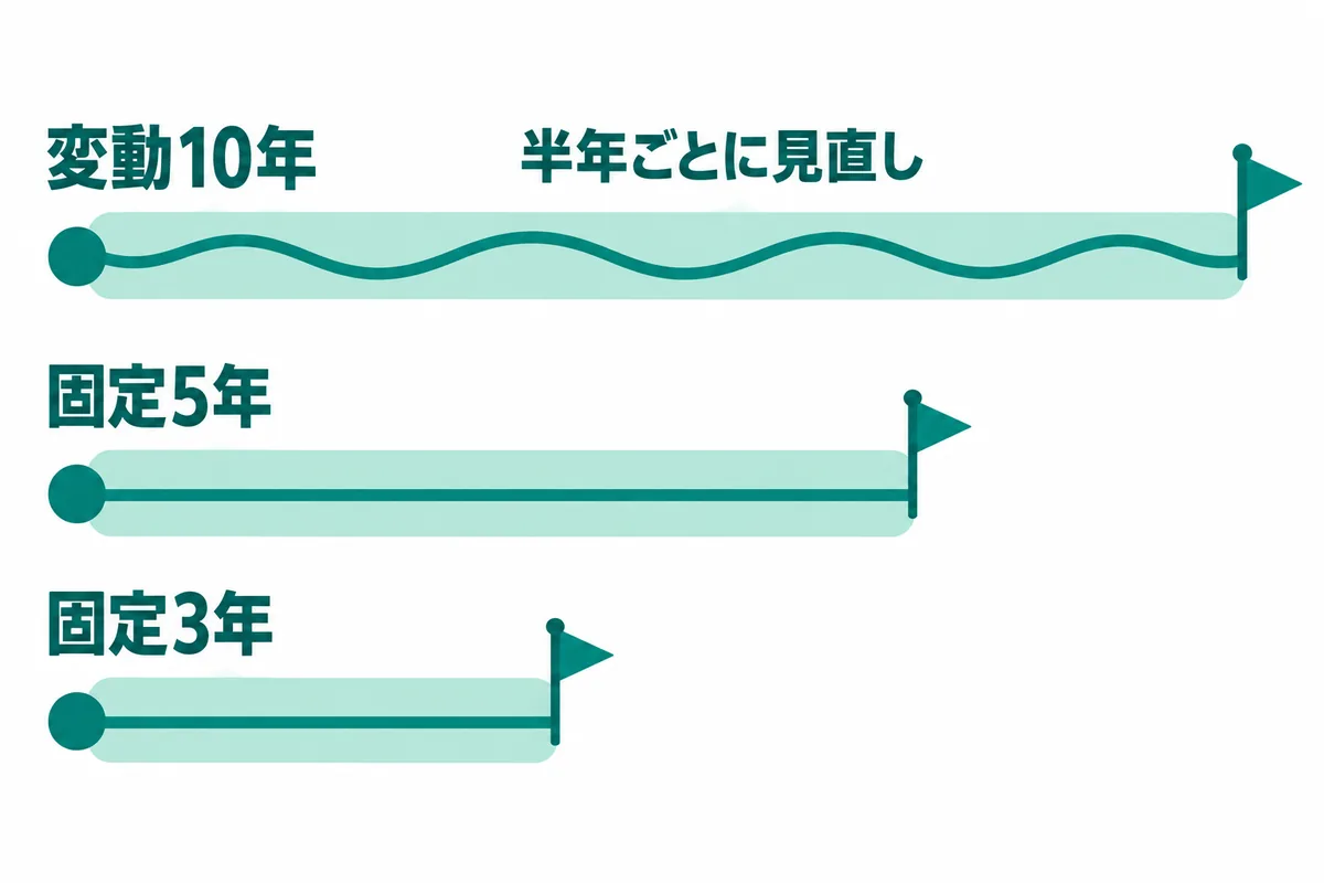 変動10年・固定5年・固定3年と書かれた長さの違う3本の線が並び、変動10年は「半年ごとに見直し」と書かれた波打つ線、固定5年と固定3年はまっすぐな線で、それぞれの終わりに満期を表す旗が立っている図