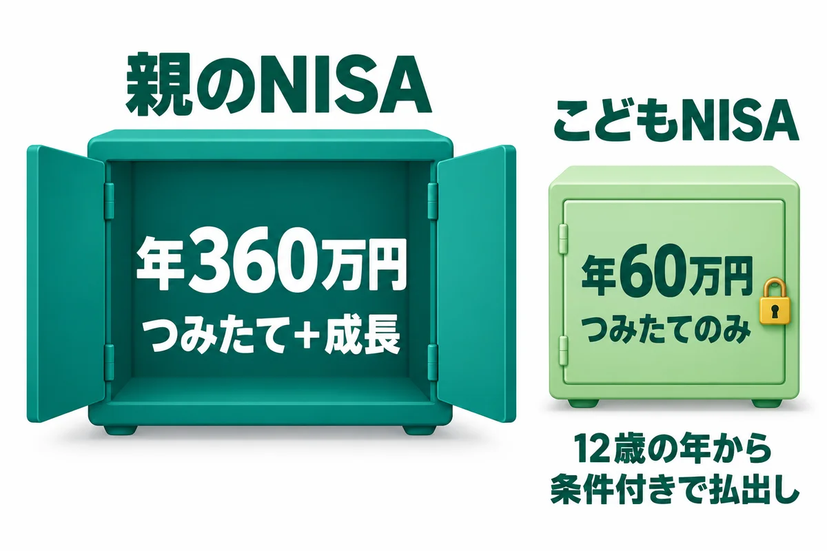 左に扉の開いた大きな緑の箱「親のNISA 年360万円 つみたて+成長」、右に鍵の付いた小さな薄緑の箱「こどもNISA 年60万円 つみたてのみ」があり、その下に「12歳の年から条件付きで払出し」と書かれた図