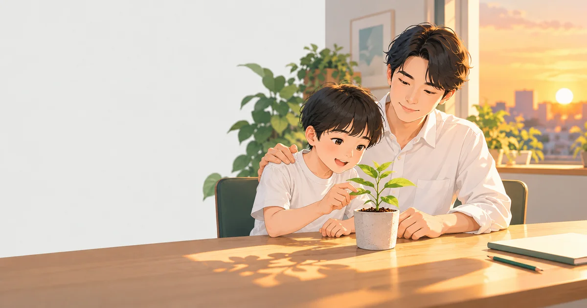 夕方の部屋で、白いシャツの会社員が白いTシャツの子どもと並んで机に座り、子どもの肩に手を添えて、植木鉢の若葉を一緒に眺めているイラスト