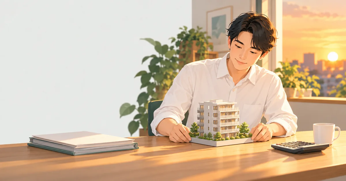 夕方の部屋で、白いシャツの会社員が机の上のマンションの模型を見つめ、そばに書類の束と電卓が置かれているイラスト