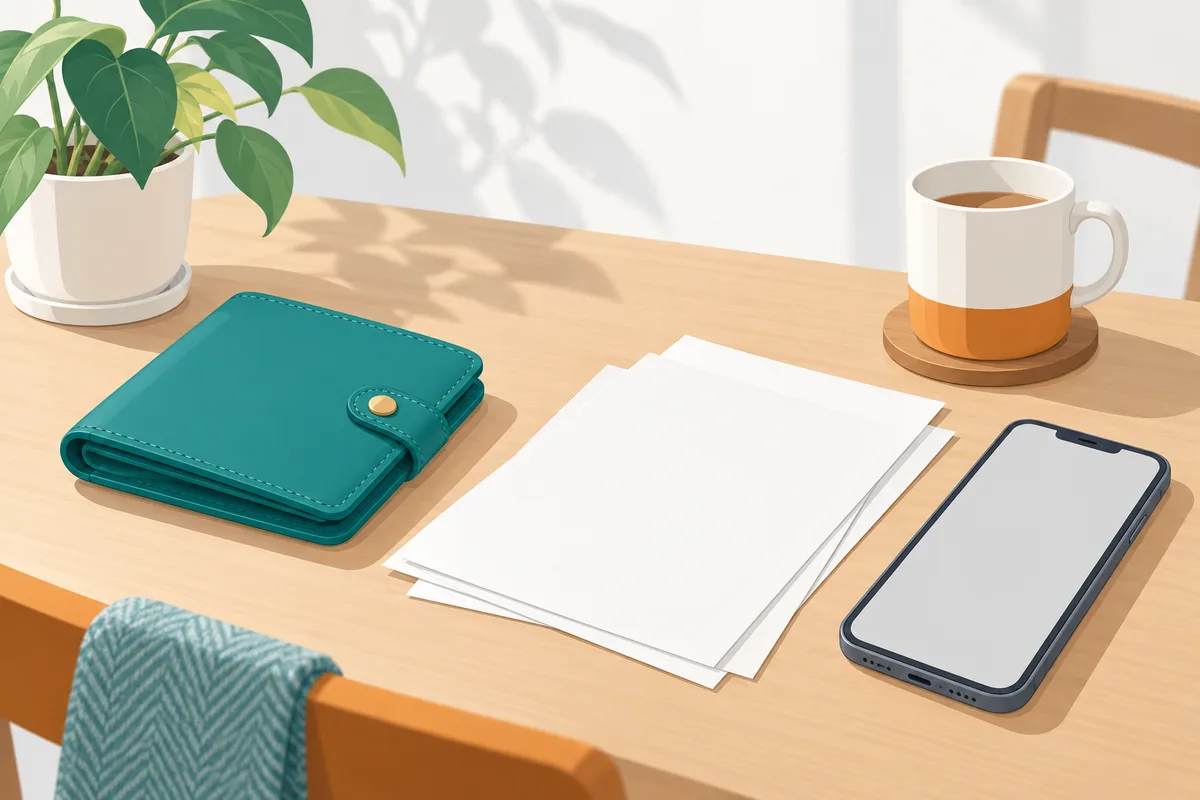 木の机の上に財布、書類、スマートフォンが並び、家計を見直す準備をしている様子のイラスト