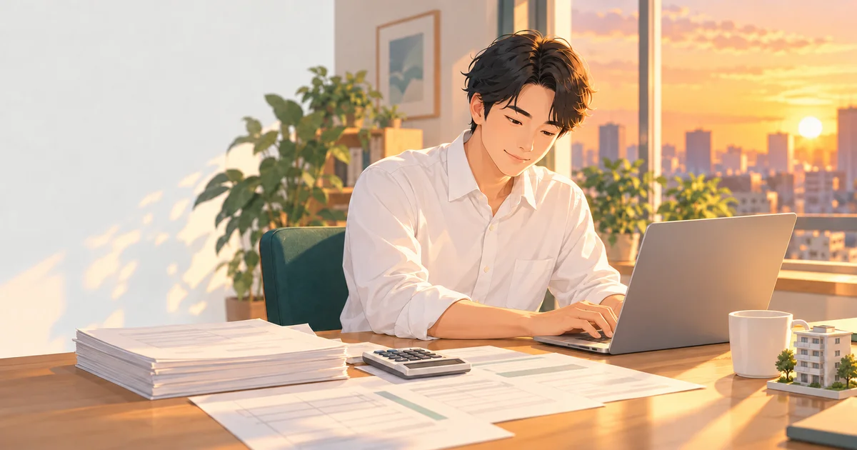 夕方の部屋で、白いシャツの会社員が書類の束と電卓、白いマグカップ、小さなマンションの模型が置かれた机で、ノートパソコンに向かって入力しているイラスト