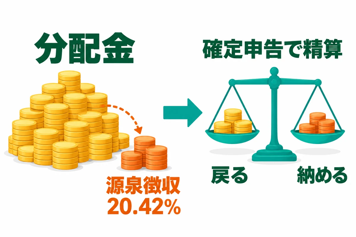 「分配金」と書かれた金色の硬貨の山から、オレンジ色の硬貨が「源泉徴収 20.42%」として分けられ、矢印の先の「確定申告で精算」と書かれた天びんの左に「戻る」、右に「納める」と書かれた図